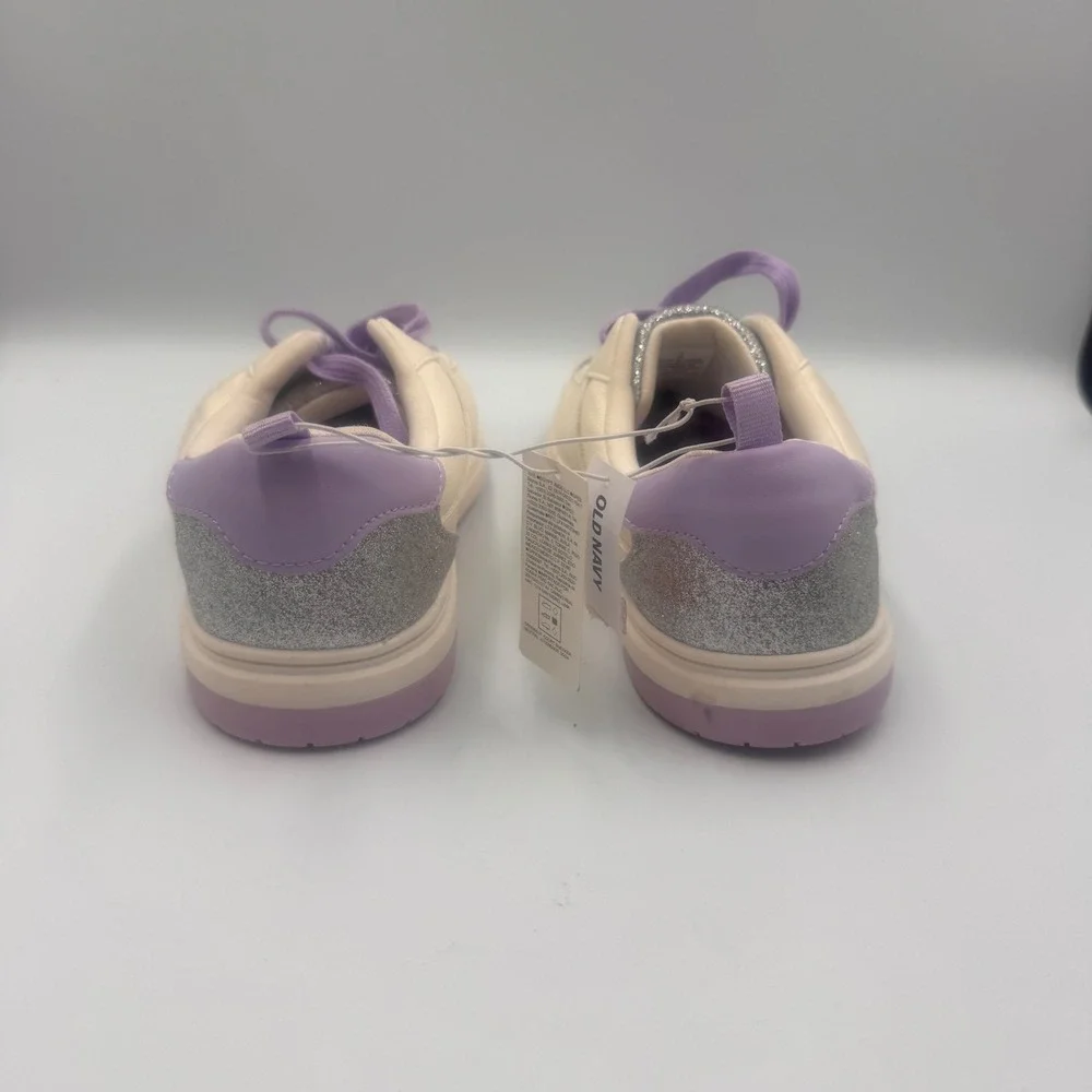 Old Navy Court Sneakers Cream Silver Glitter Purple Laces Low Top Shoes Size 5